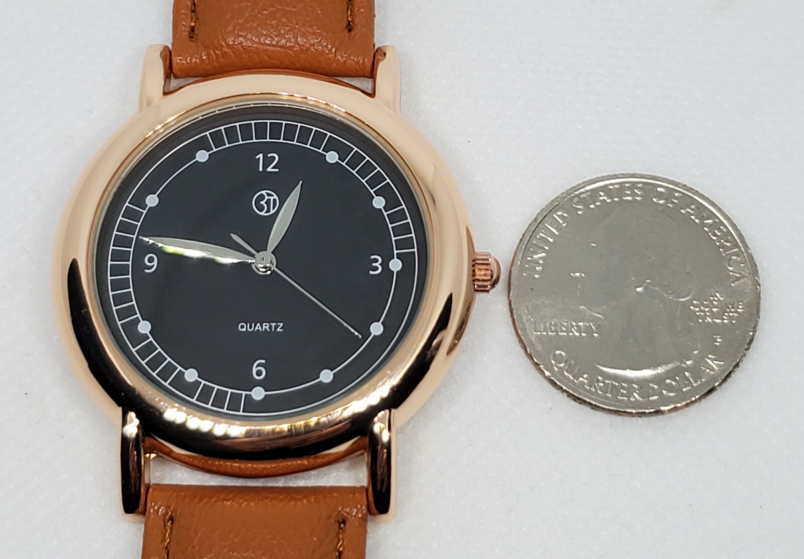 Unisex 3T Rose Gold Tone Brown Leather Band Black Dial Quartz Analog Watch D8