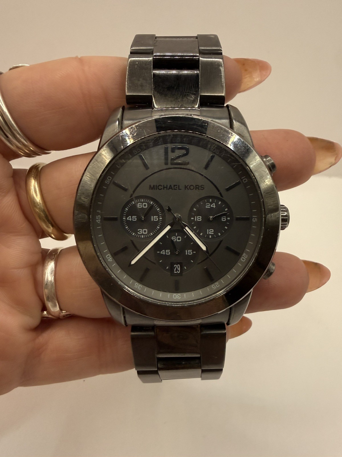 Michael Kors MK-8479 Men’s Chronograph Watch Gunmetal Black Stainless Steel 8″