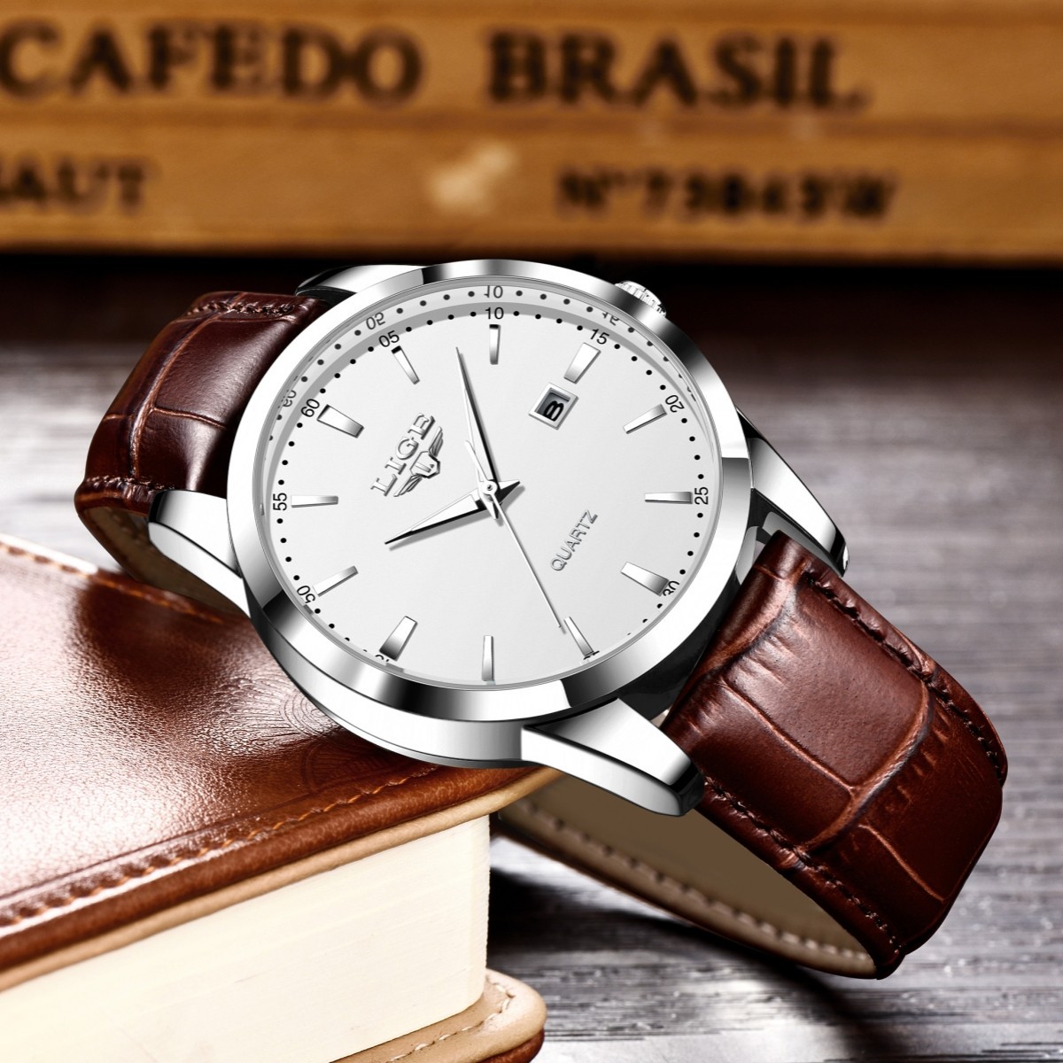 Men Watch Quartz Analog Date Luminous Waterproof Leather Classic Wristwatch +BOX