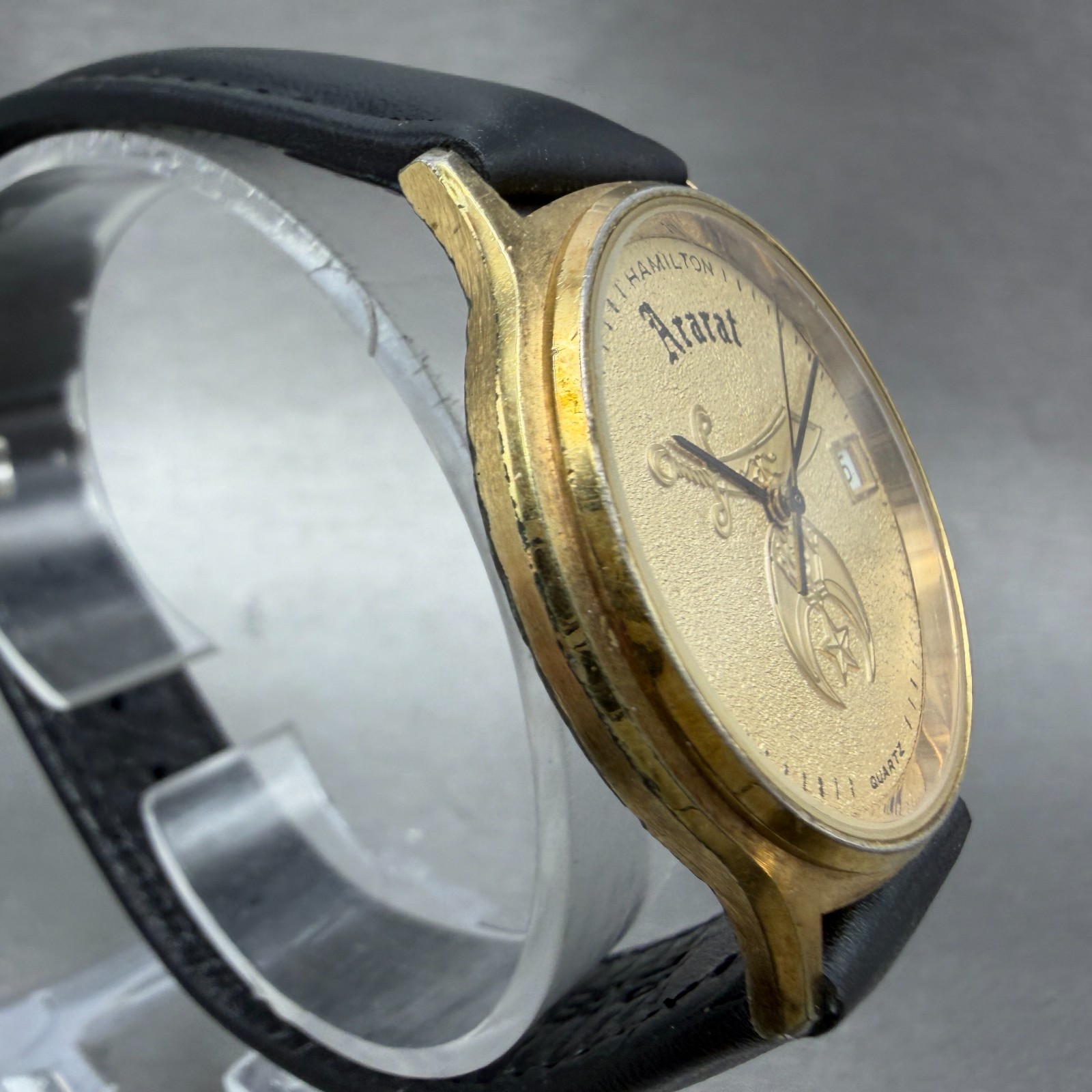 Hamilton Masonic Watch Men 34mm Gold Dial Gold Tone Date Round 9812 New Battery