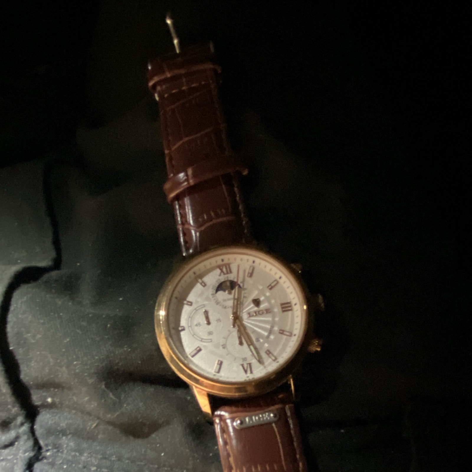 Jorge Men’s Quartz Analog Dress Watch Moon Phase Date Gold White Dial Brown