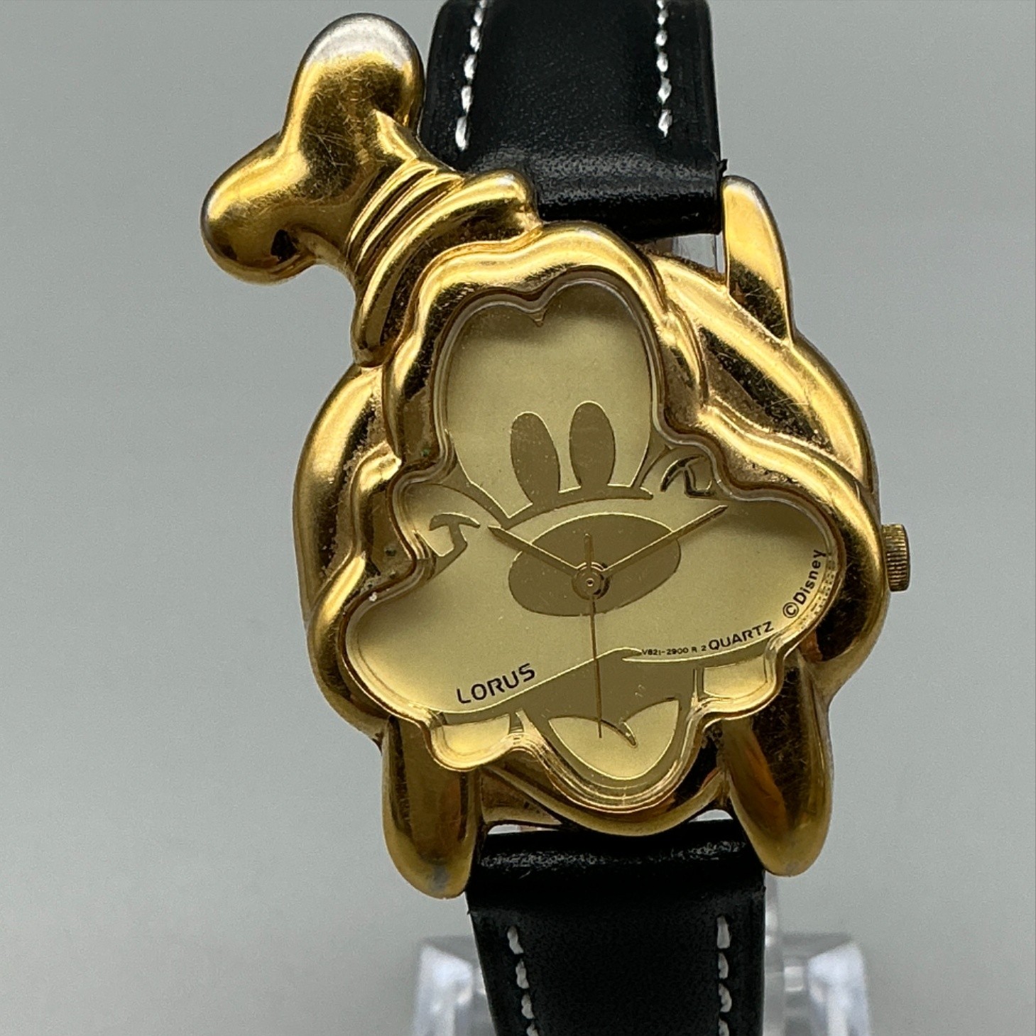 Vtg Lorus Womens Watch 30mm Disney Goofy Gold Tone Black Leather New Battery