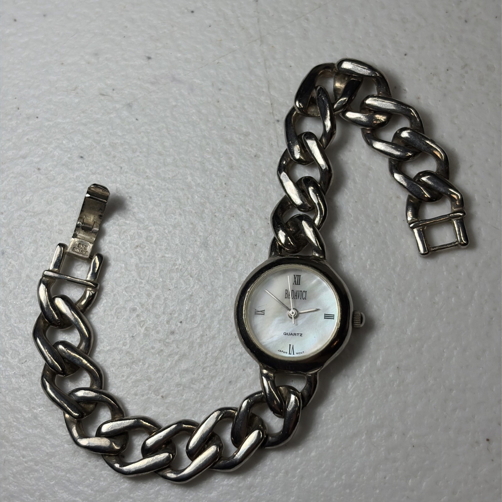 Womens Badavici Watch 925 Silver Clasp Mother Of Pearl Quartz Chain Band As Is