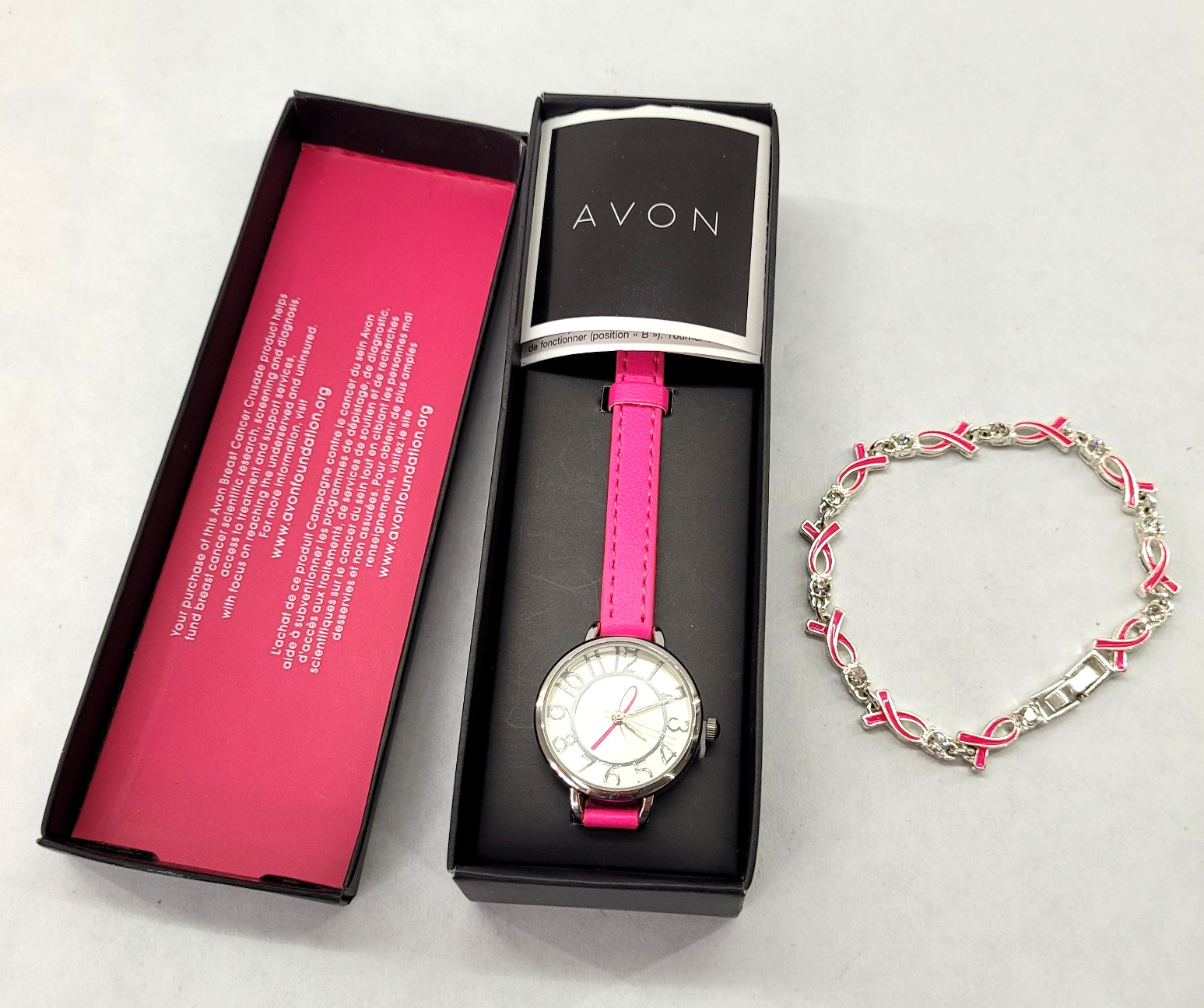 Avon Breast Cancer Watch Hot Pink & Ribbon Bracelet New in Box – needs battery