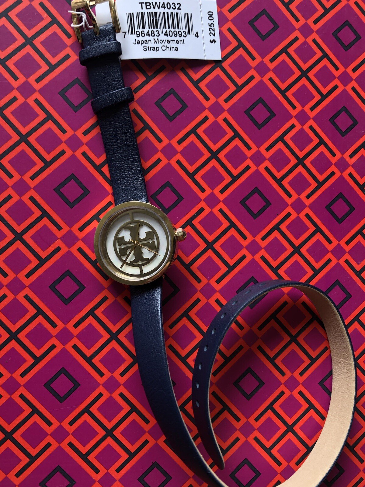 Tory Burch Reva Gold/Navy Double Wrap Leather Strap Watch TBW4032 Retail $225