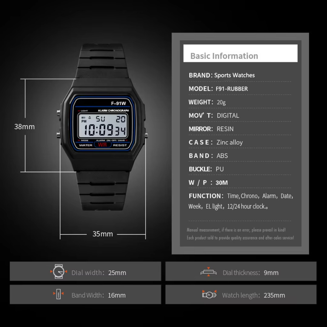 F91W Classic Digital Resin Strap Watch Alarm Stopwatch Chronograph Unisex