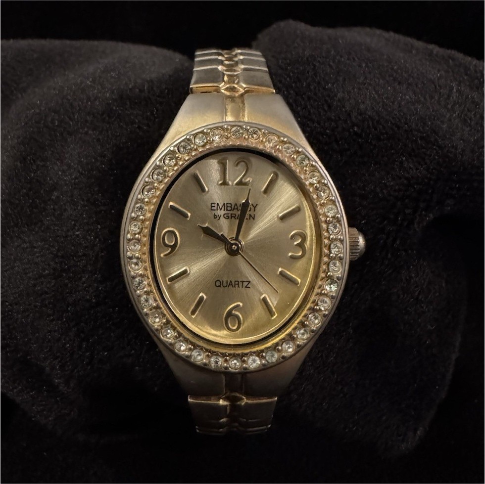 Embassy by Gruen Women’s Quartz Two-Tone Watch Gem-Set Bezel – New Battery