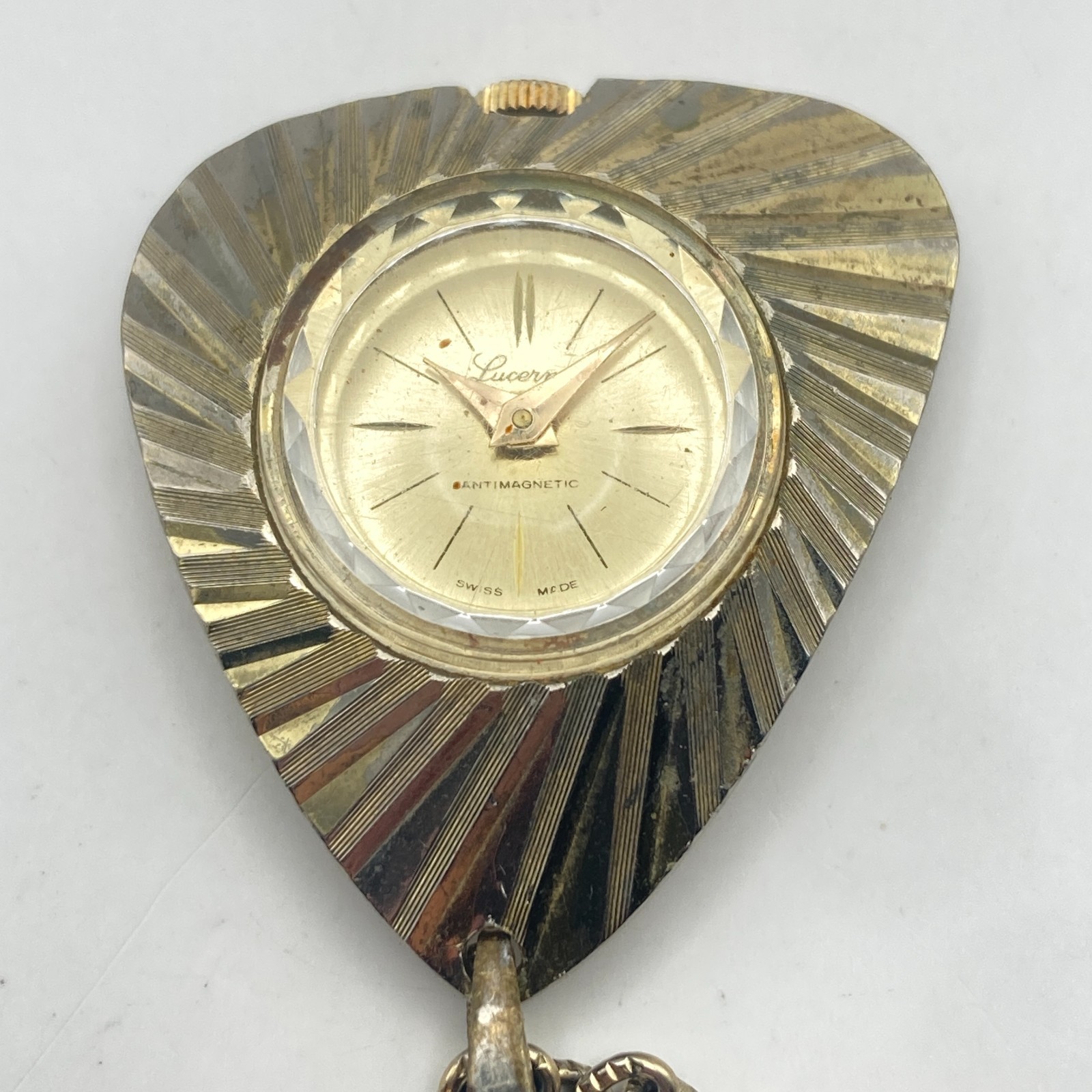 Vtg Lucerne Necklace Pendant Watch Gold Tone Swiss Manual Wind Up w/Chain Works!