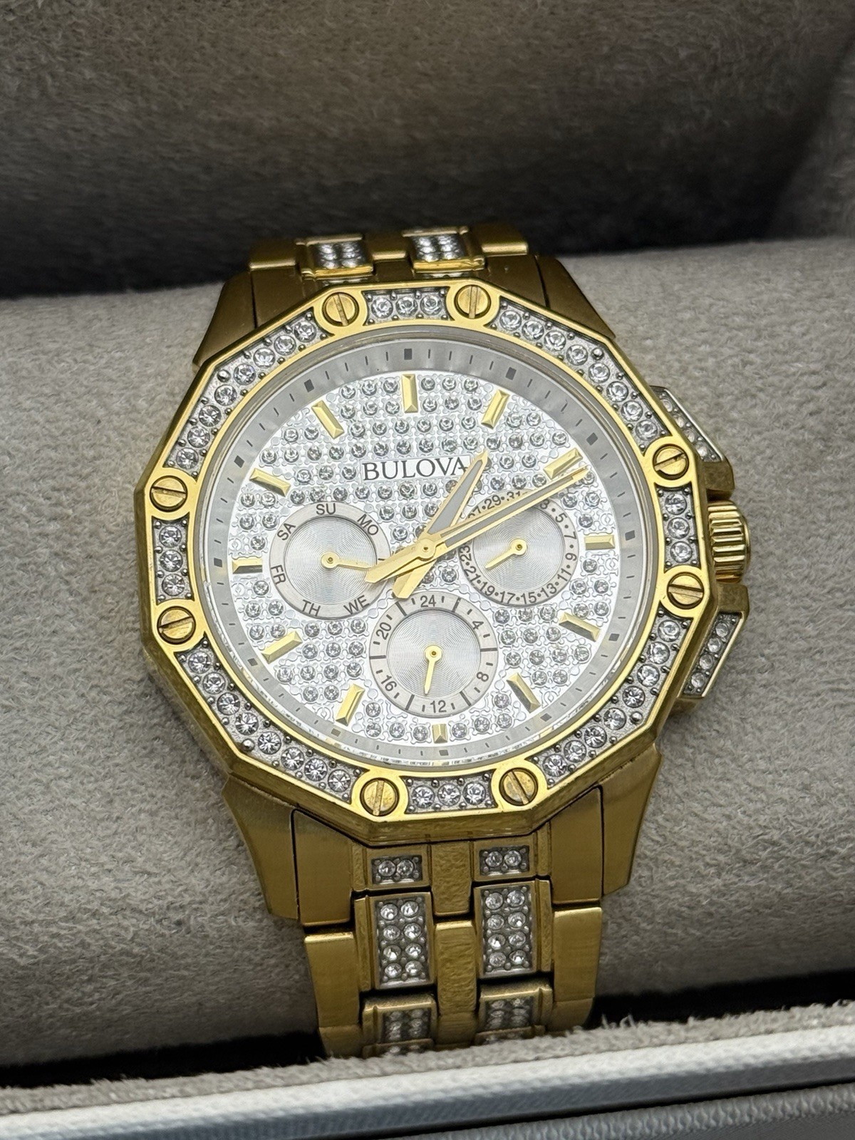 Bulova Octava Gold-Tone Pave Dial Crystal Gent’s Watch 41.5mm 98C126