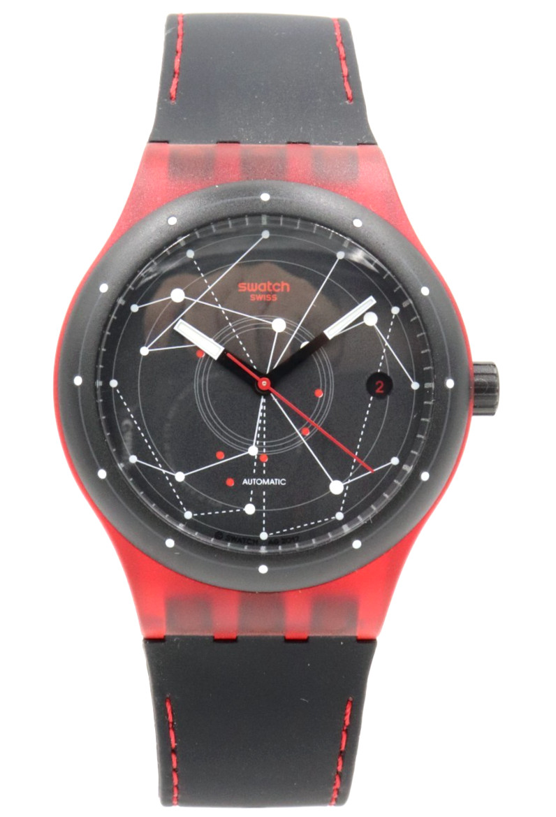 New Swatch Originals SISTEM RED Date Automatic Black Silicone Watch 42mm SUTR400