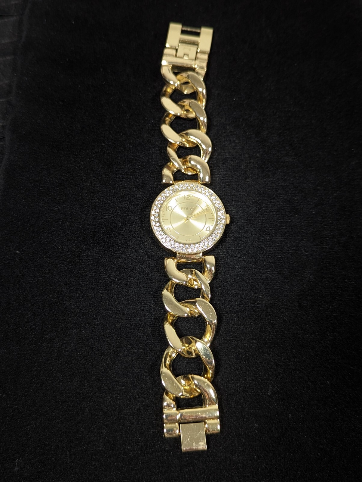 Folio Womans Crystal Accent Gold Tone Round Case Chain Link Bracelet Watch 7.5in