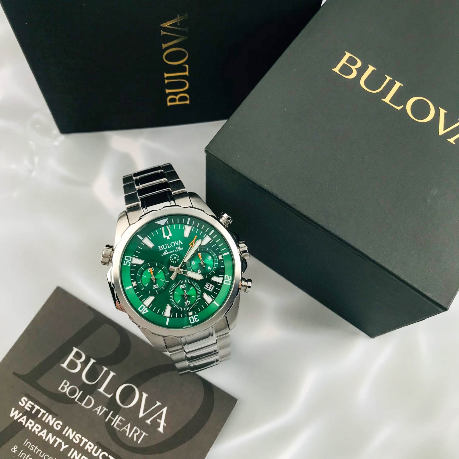 Bulova Marine Star 96B396 Green Dial Chronograph Steel Men’s Quartz Watch 43mm