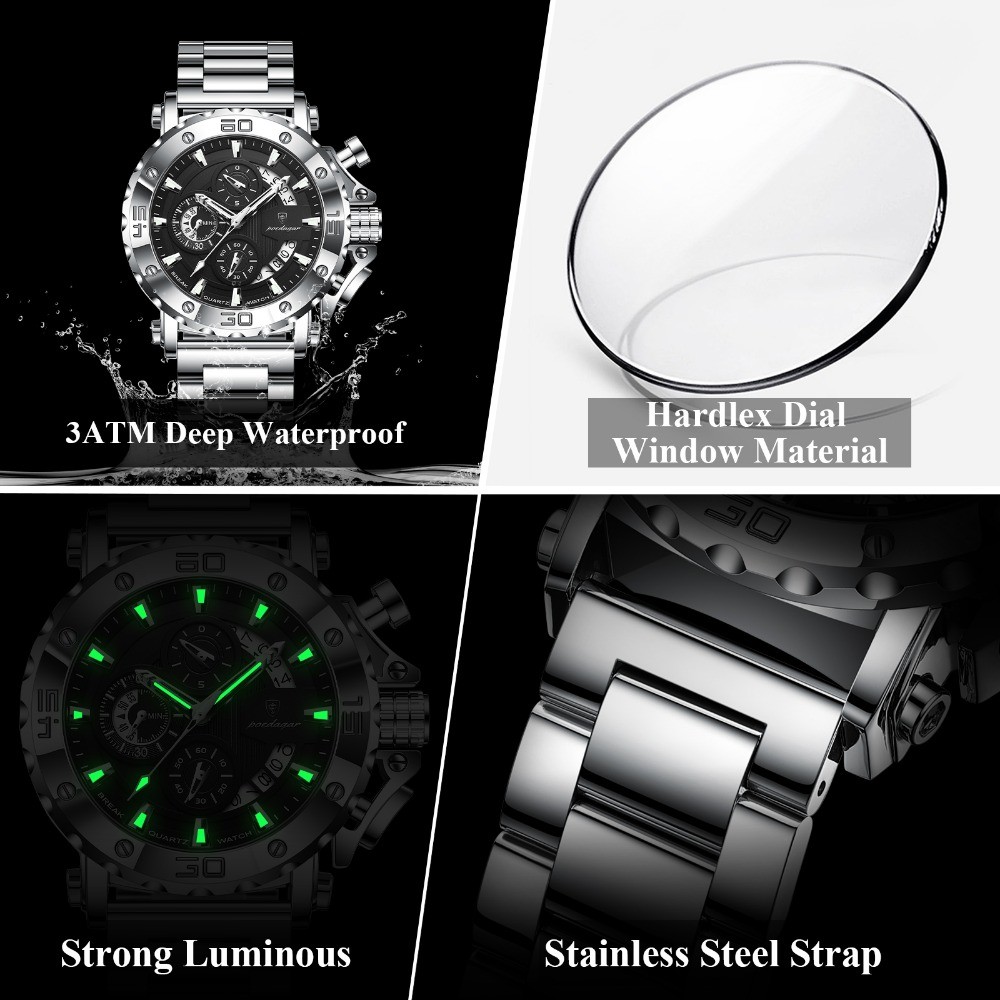 POEDAGAR Men Calendar Luminous Waterproof Stainless Steel Fashion Quartz Watch