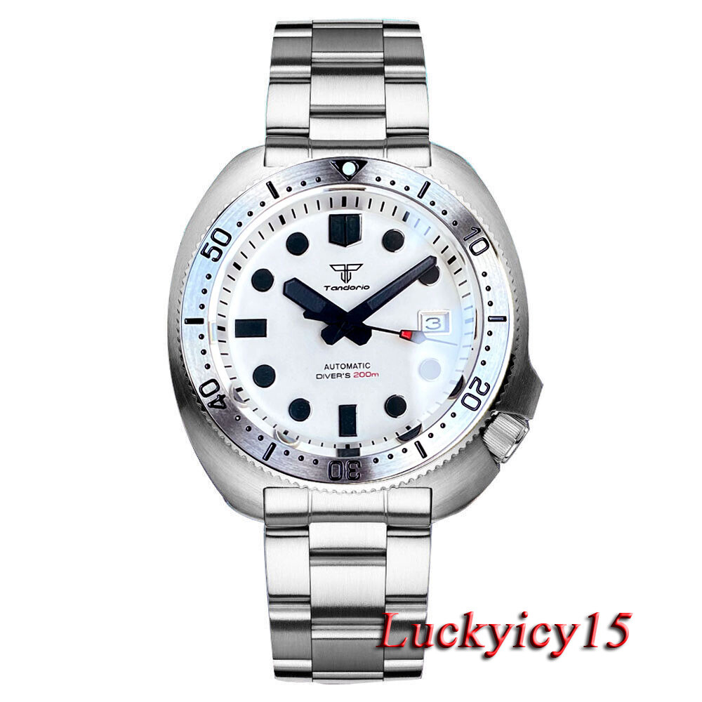 44mm Tandorio Japan NH35 Automatic Diving Mens Watch White Dial 20Bar Waterproof