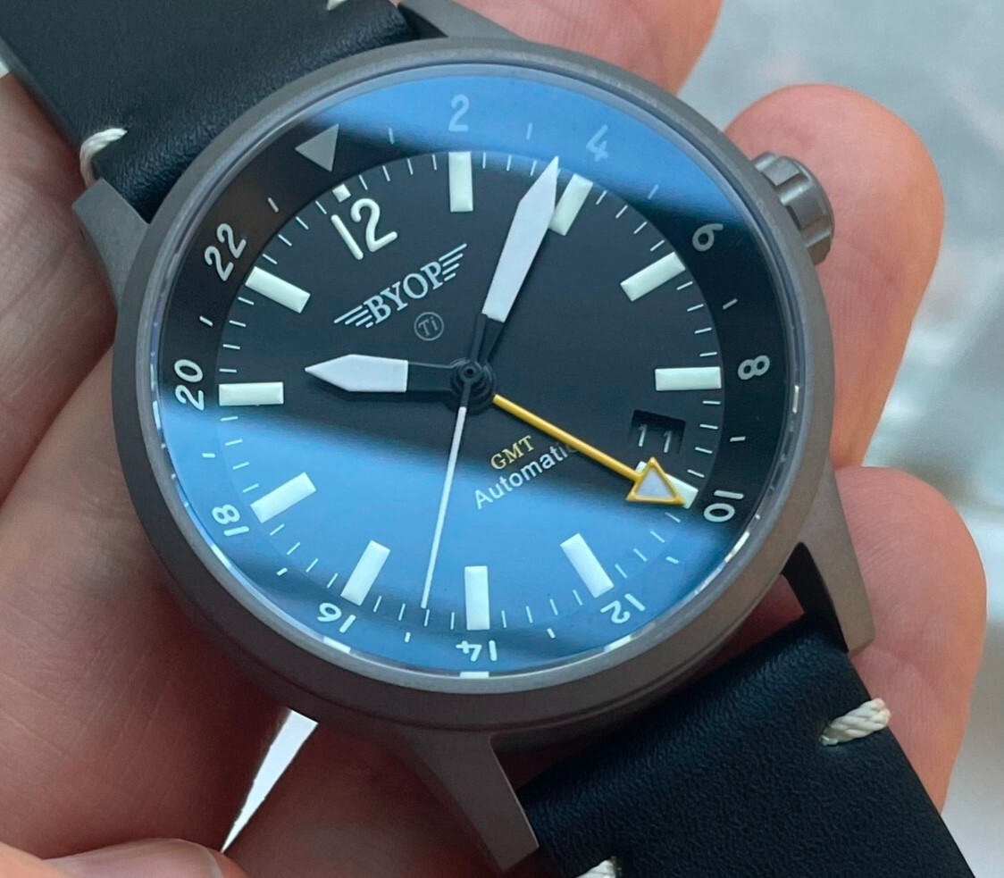 BYOP Meridian Titanium GMT (yellow) Pilot Watch Seiko Automatic Sapphire C3 Lume