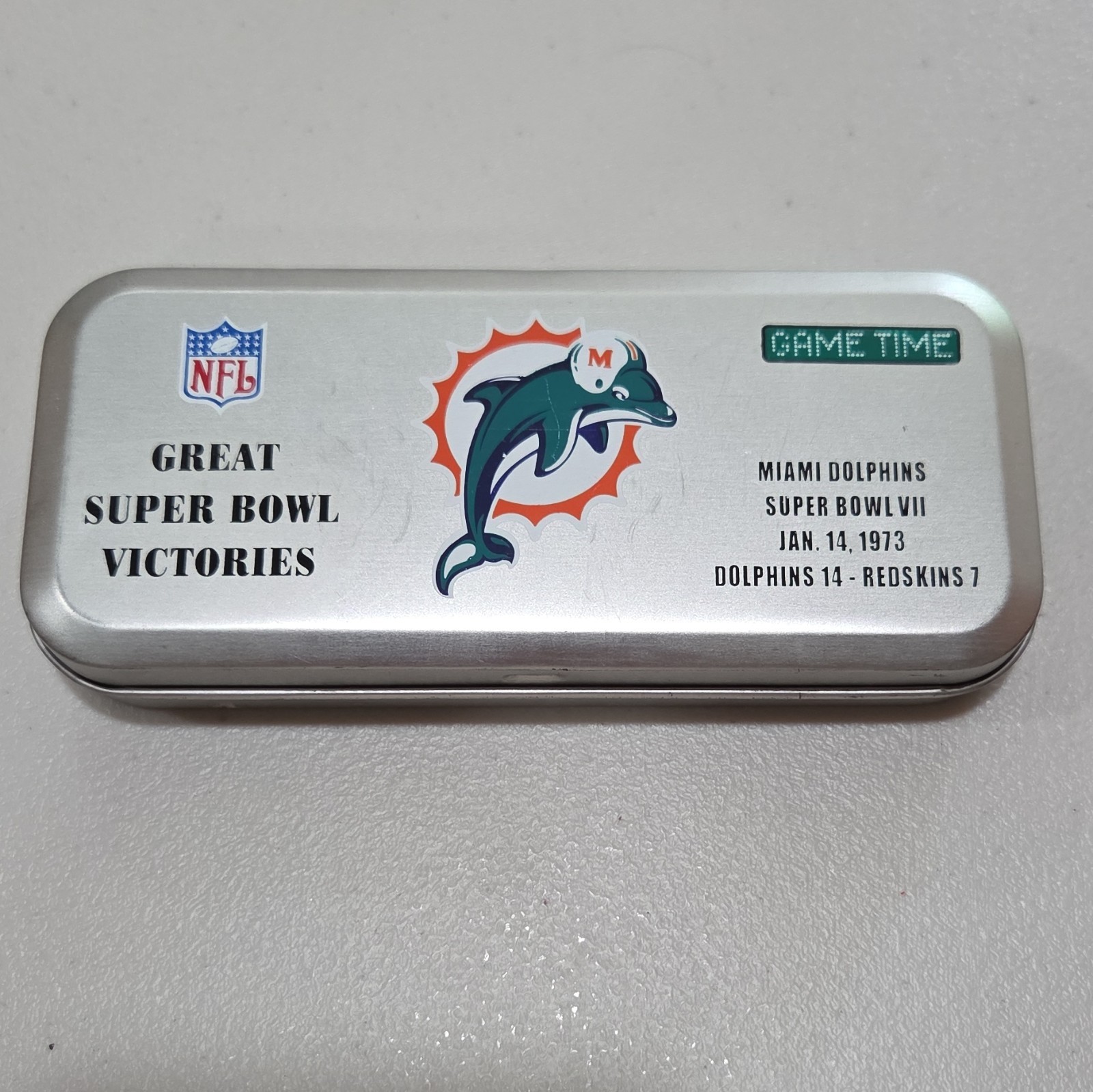 Game Time Miami Dolphins Super Bowl VII Quartz Analog 40mm SS Leather w Tin