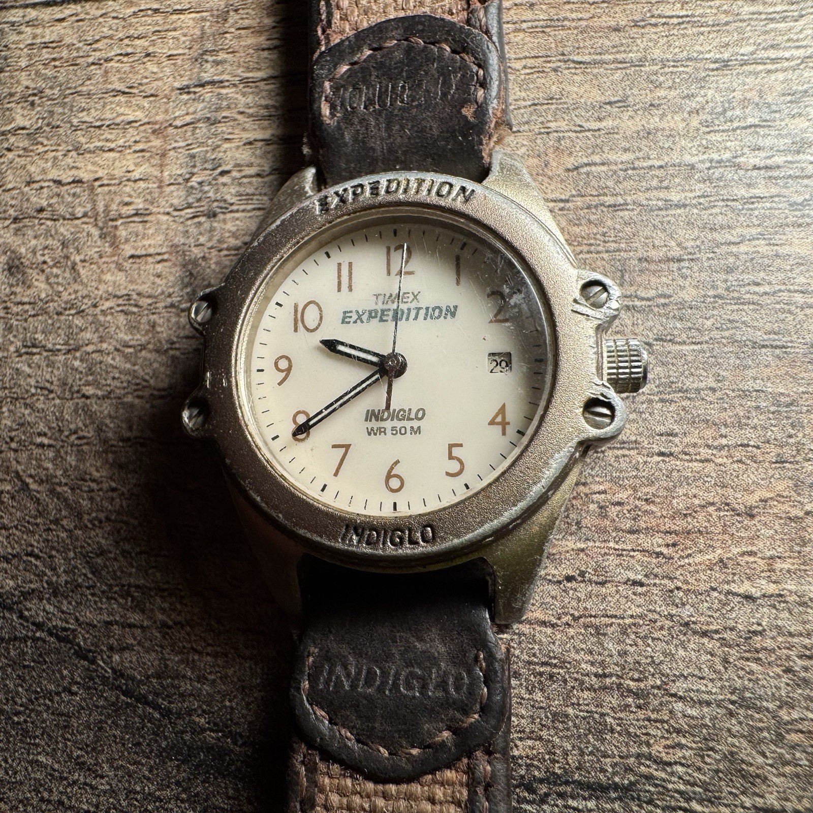 Vintage Timex Expedition Indiglo Women 32mm Canvas Leather Watch Needs Battery