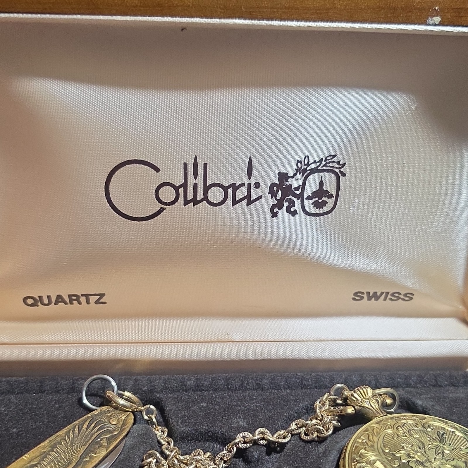 Colibri Swiss Quartz Full Hunter Eagle Pocket Watch Gold Dial w/ Chain & Box