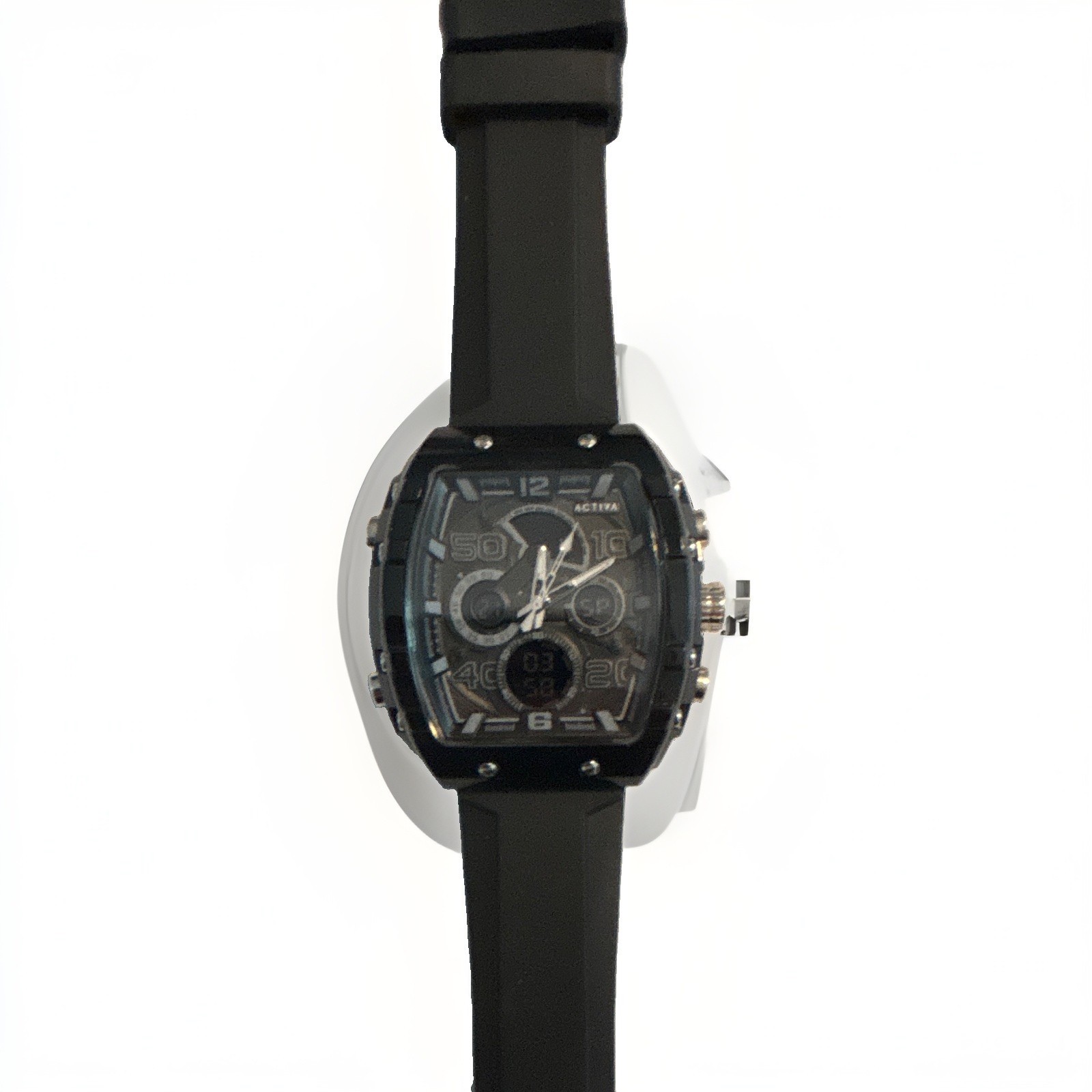 Activa Men’s Quartz Chronograph Date Black Tonneau 45mm Rubber Strap Watch