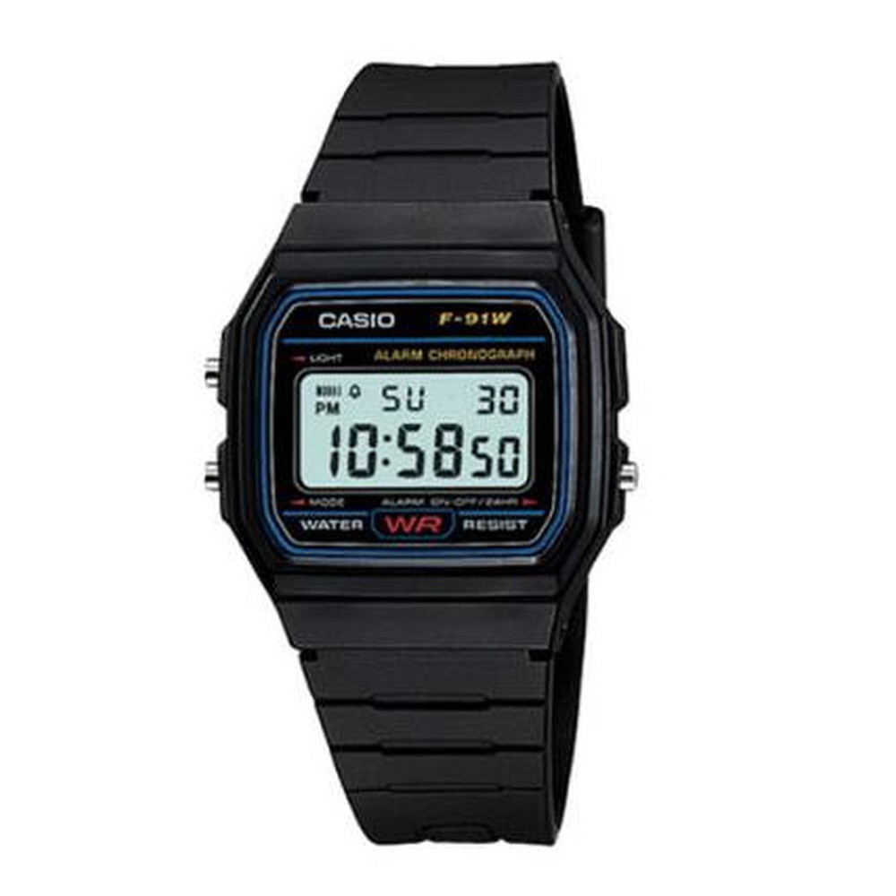 Casio F-91W-1D | Classic Digital Watch | Black Resin | Alarm Chronograph | Water