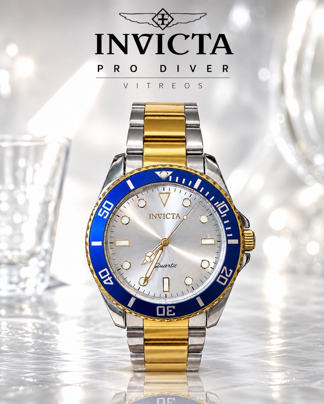 NEW Invicta Pro Diver Vitreos Quartz Watch Blue/Gold Bezel Two-Tone SS 42mm