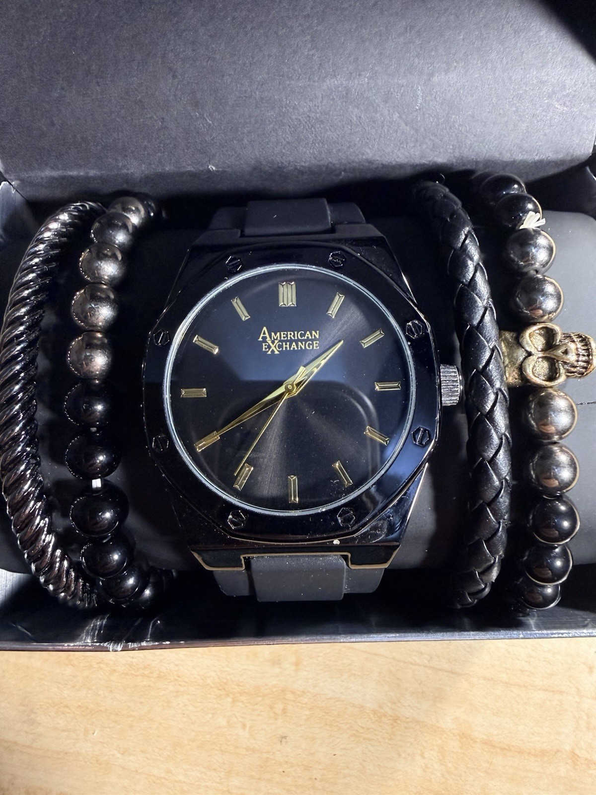 American Exchange Men’s Black Watch & Bracelet Gift Set Quartz w/ Box