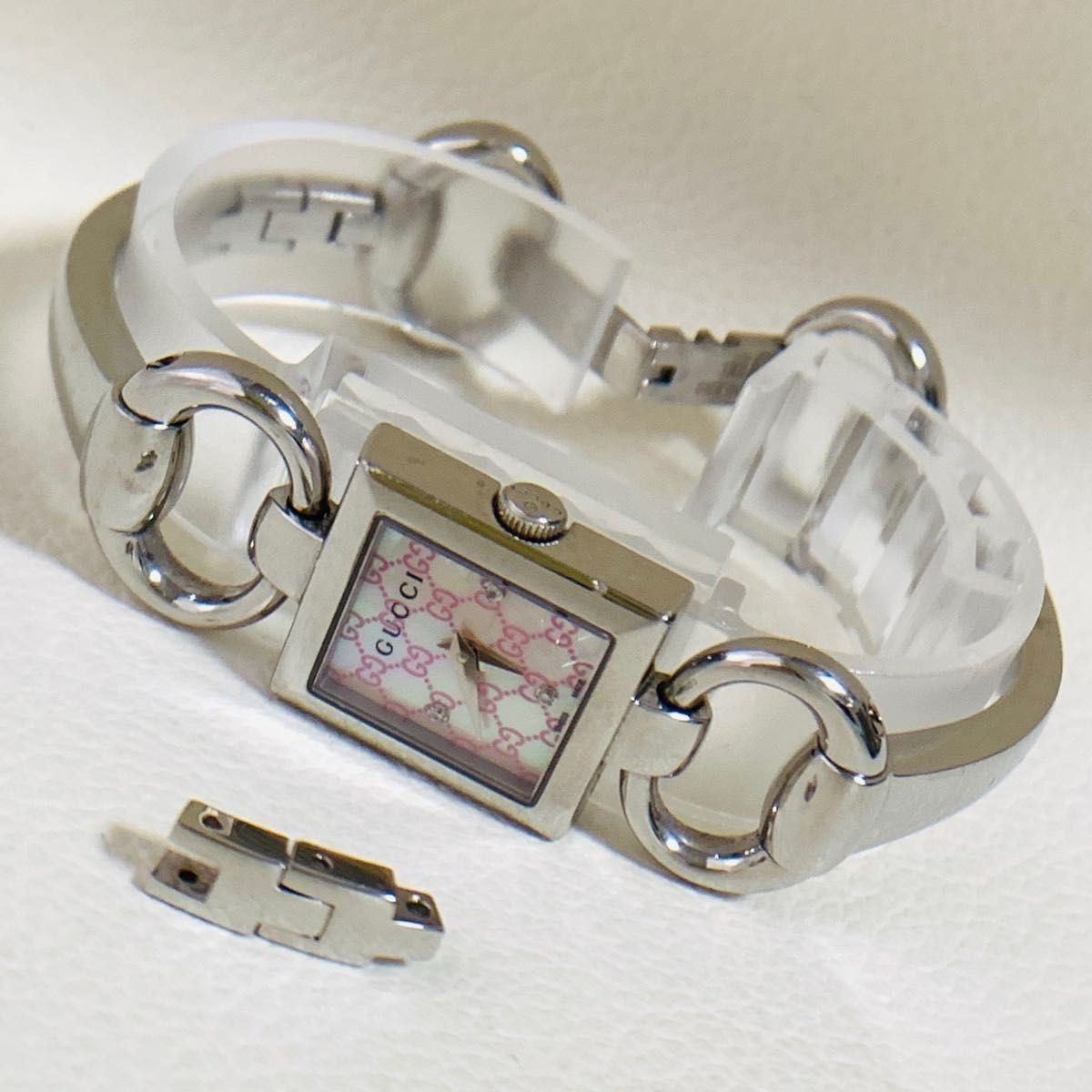 Working GUCCI wristwatch 120 Tornabuoni pink square diamond gg pink shell