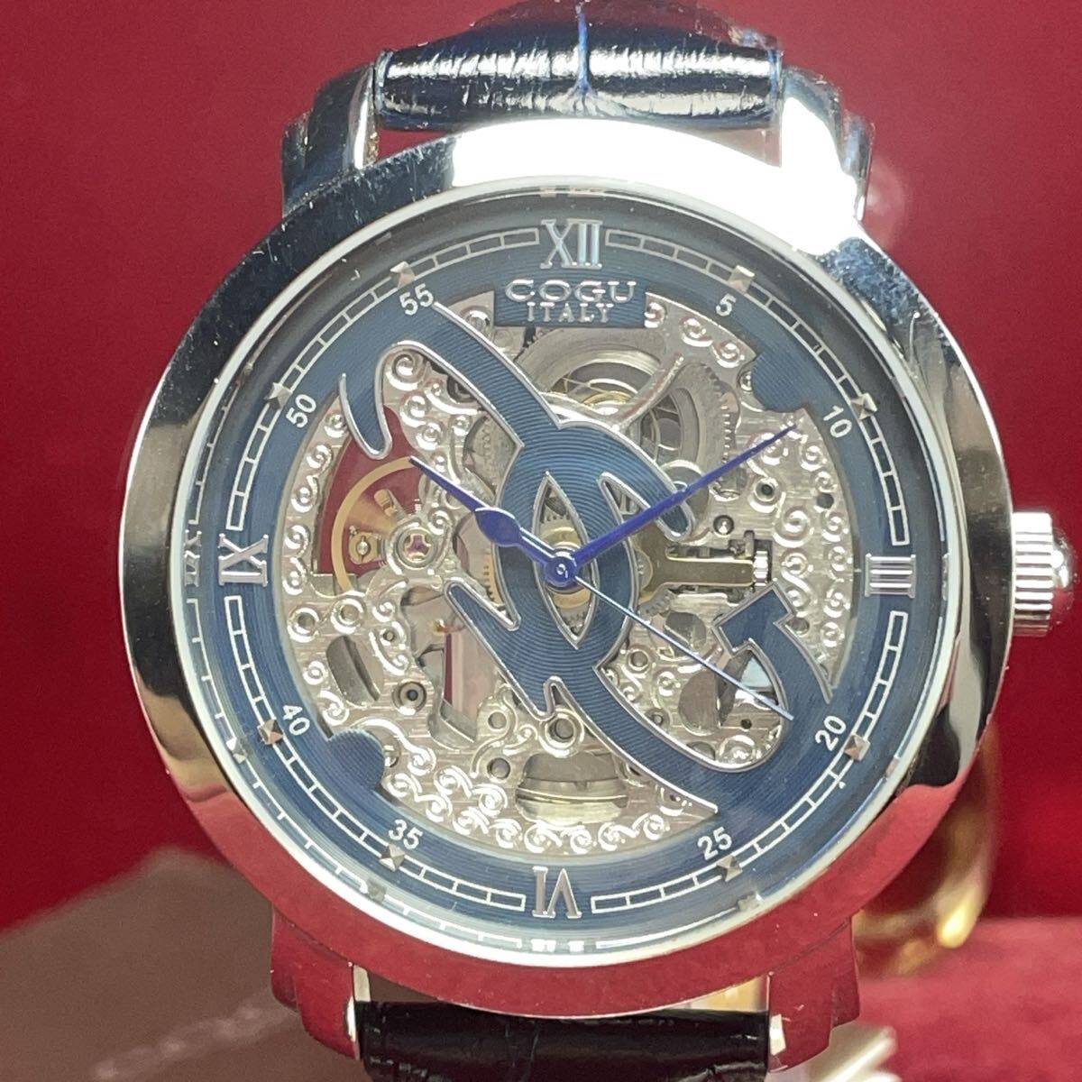 COGU Italy Automatic Skeleton Watch Blue Dial Leather Strap Unused w/Tag Japan