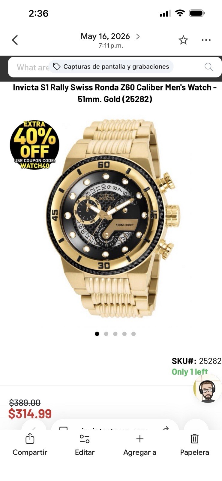 Invicta S1 Rally Swiss Ronda Z60 Caliber Men’s Watch – 51mm. Gold