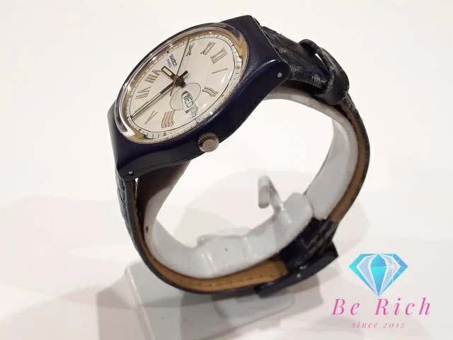 Swatch Day-Date Watch S17 8727 White Navy Plastic Resin Leather Bracelet Analog
