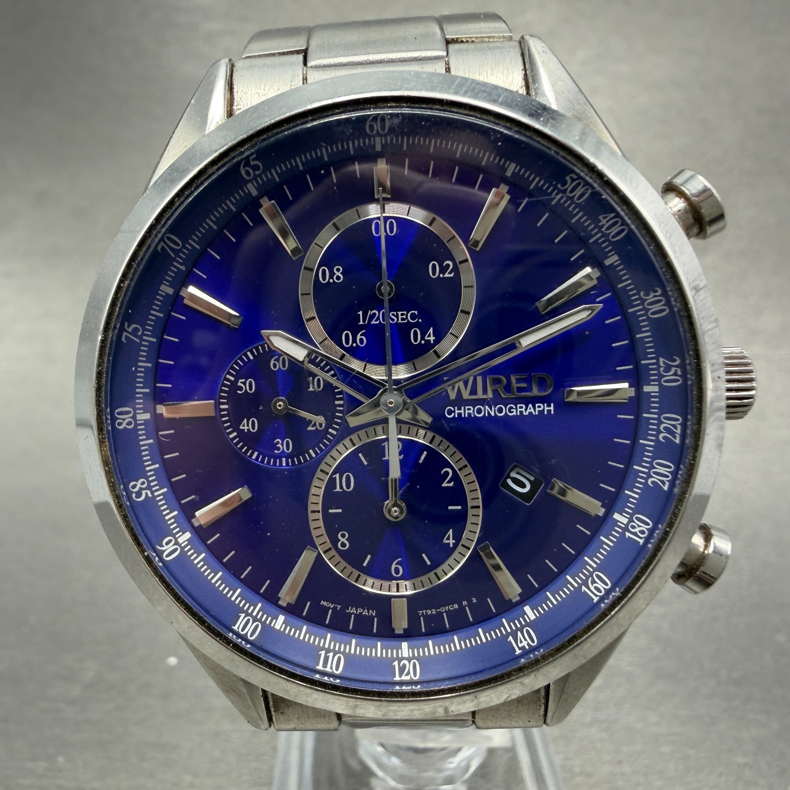 Seiko Wired Chronograph Watch Men 42mm Blue Dial Steel Date 7T92-0SM0 NewBattery