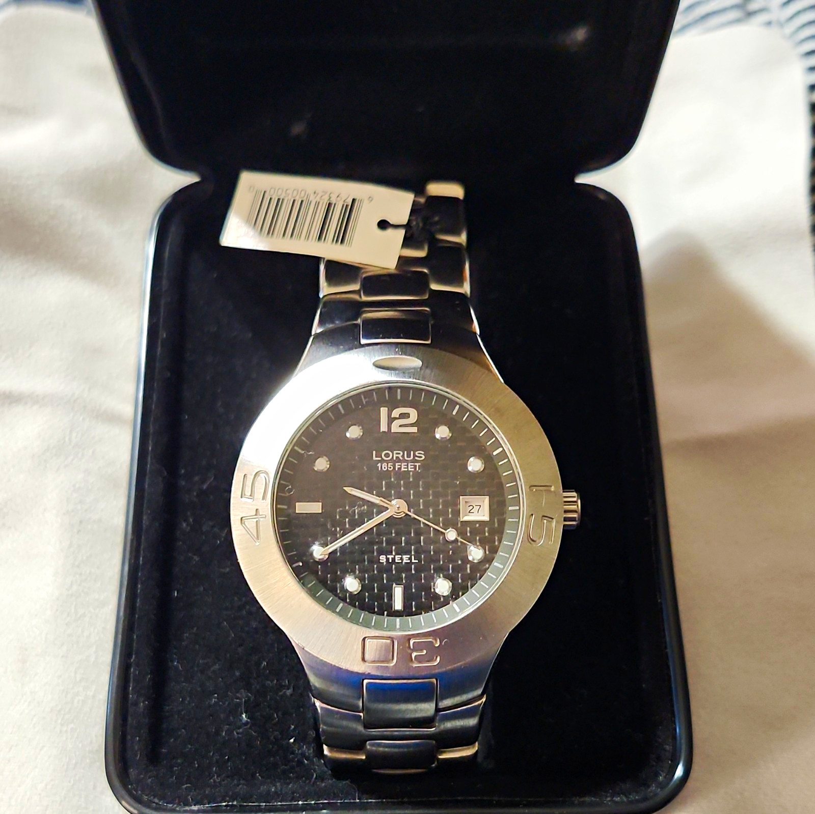 Lorus Steel Quartz Analog 50m Date Stainless Steel Bracelet Black Textured Dial