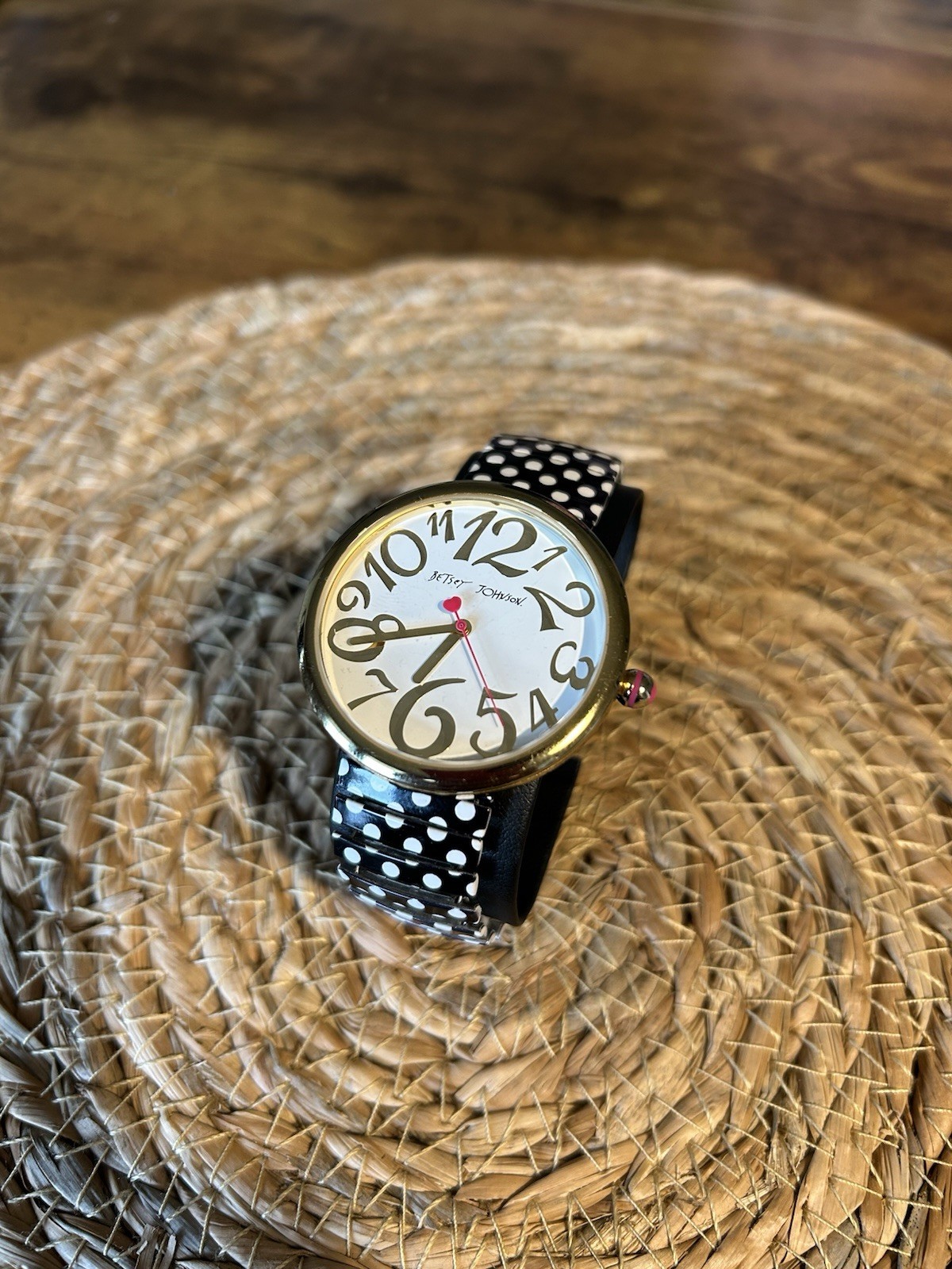 Betsey Johnson! White dial/large gold numbers and a black /white polka dot band
