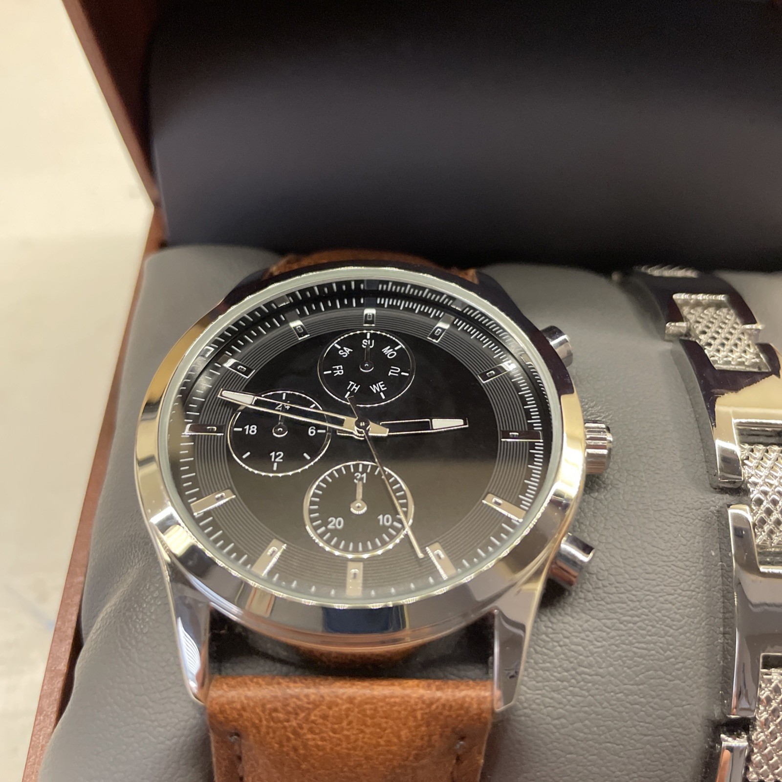 Folio Mens Silver Dress Watch with Leather Band
