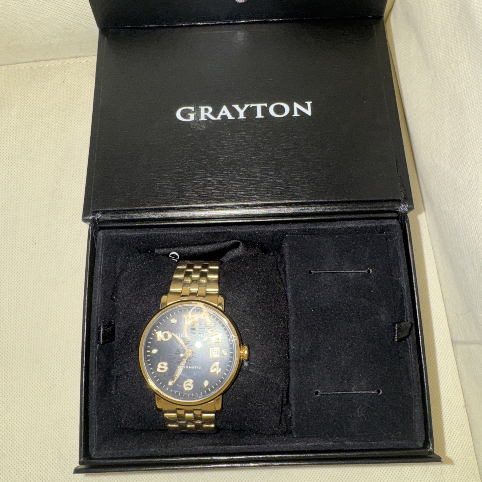 Grayton Men’s Automatic Watch Gold Tone Case Black Dial Stainless Bracelet Box