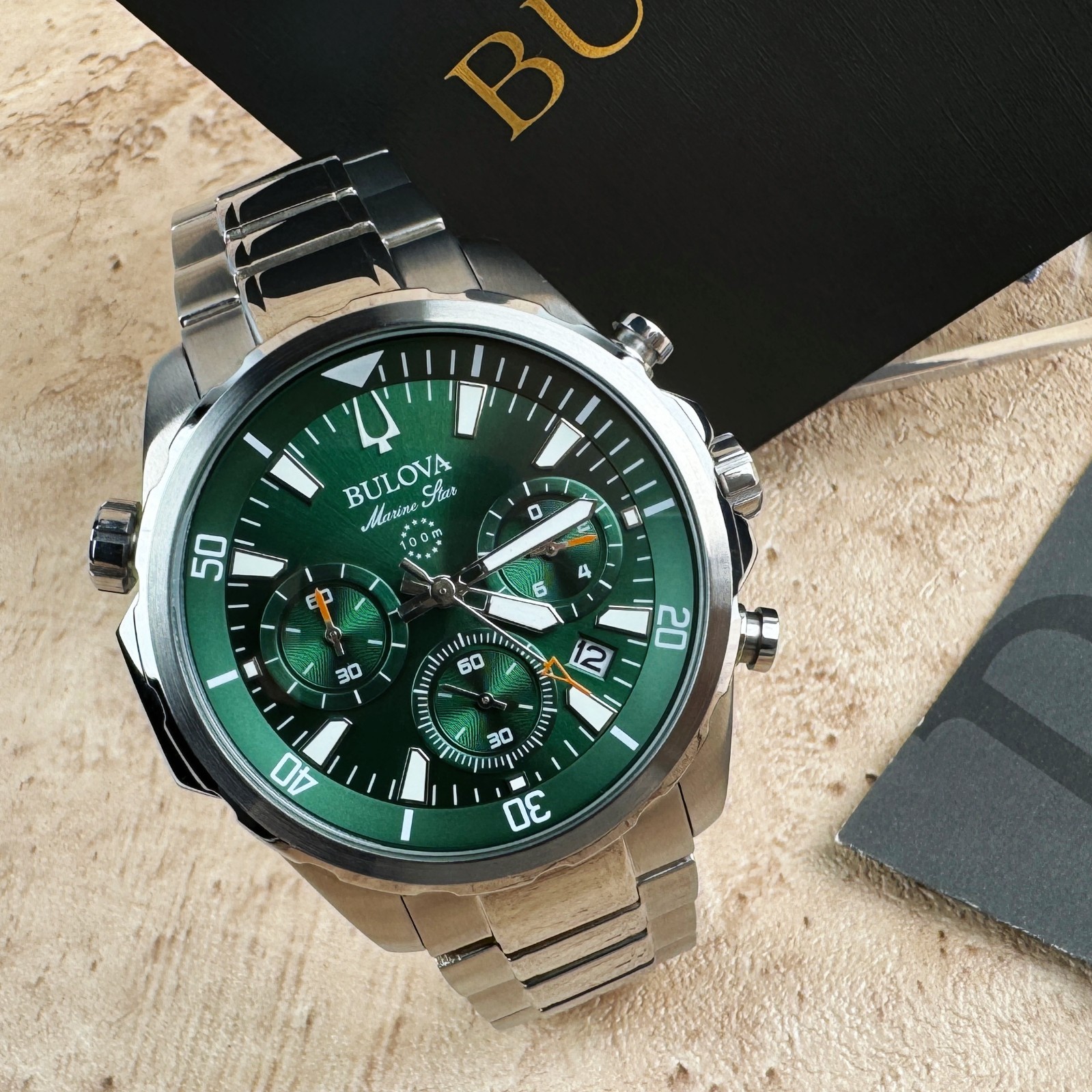 New Bulova Marine Star Classic Green Dial Chronograph Men’s Quartz Watch 96B396