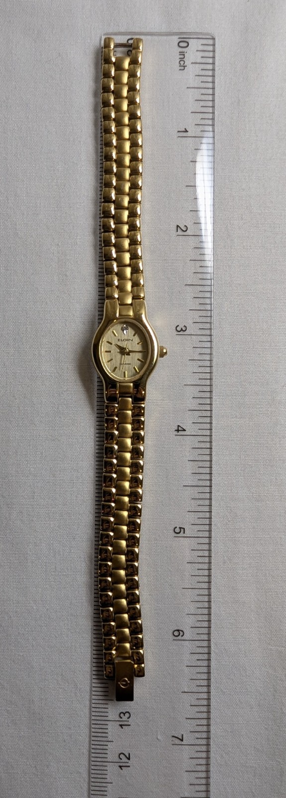 Vintage Elgin Diamond Ladies Watch Gold Tone Brushed and Polished Bracelet