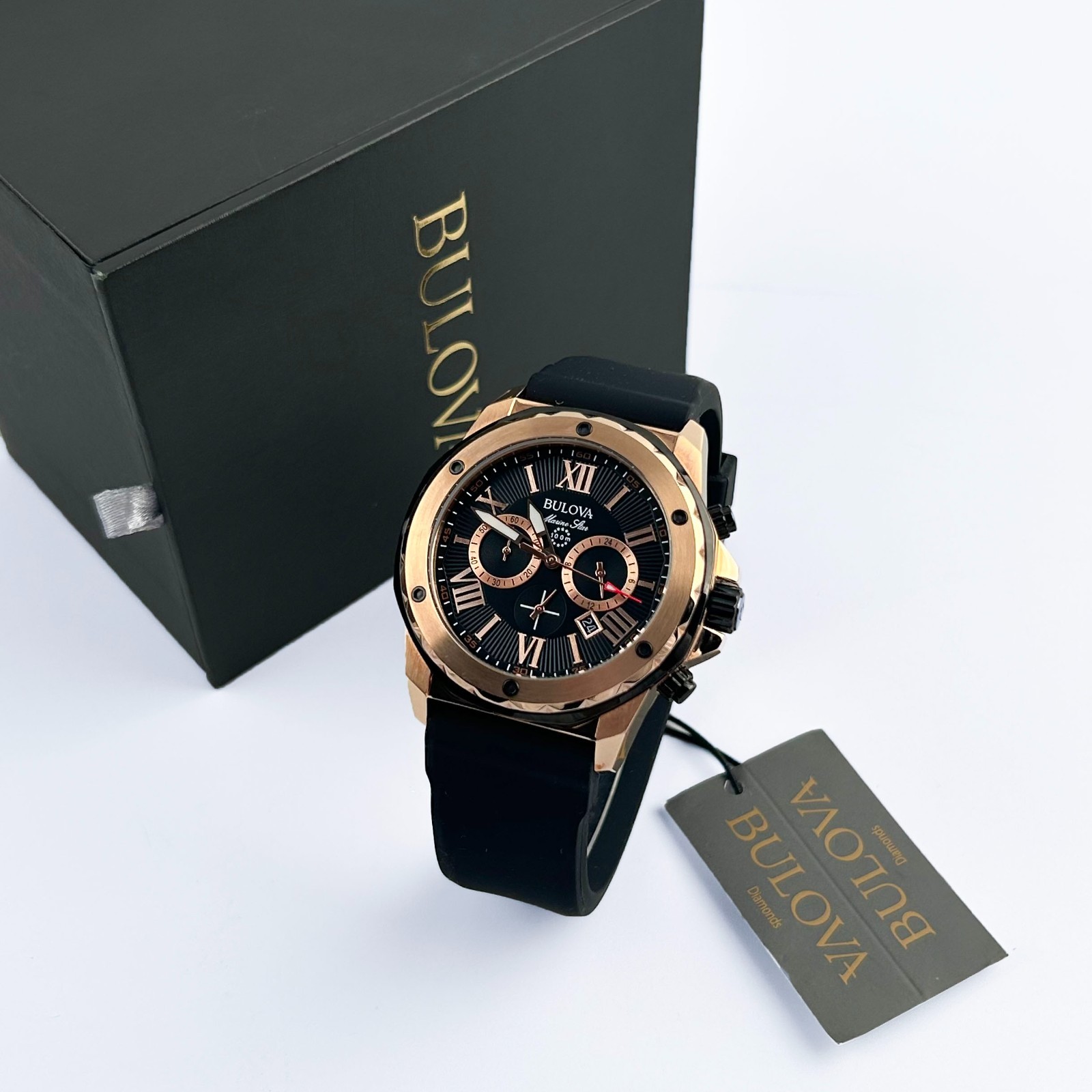 NEW Bulova Men’s Marine Star Quartz Chronograph Calendar Black Watch 44MM 98B104