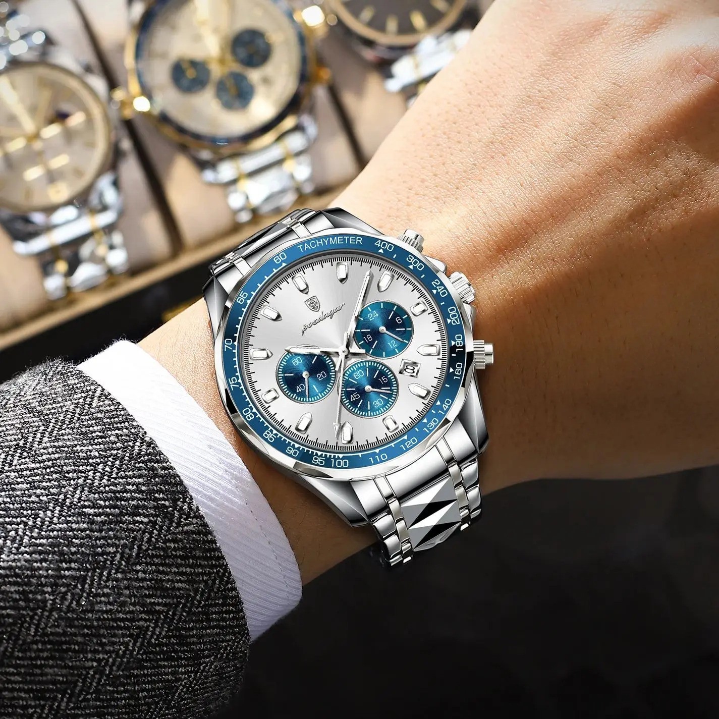 POEDAGAR Men’s Chronograph Watch Date Luminous Waterproof Stainless Steel