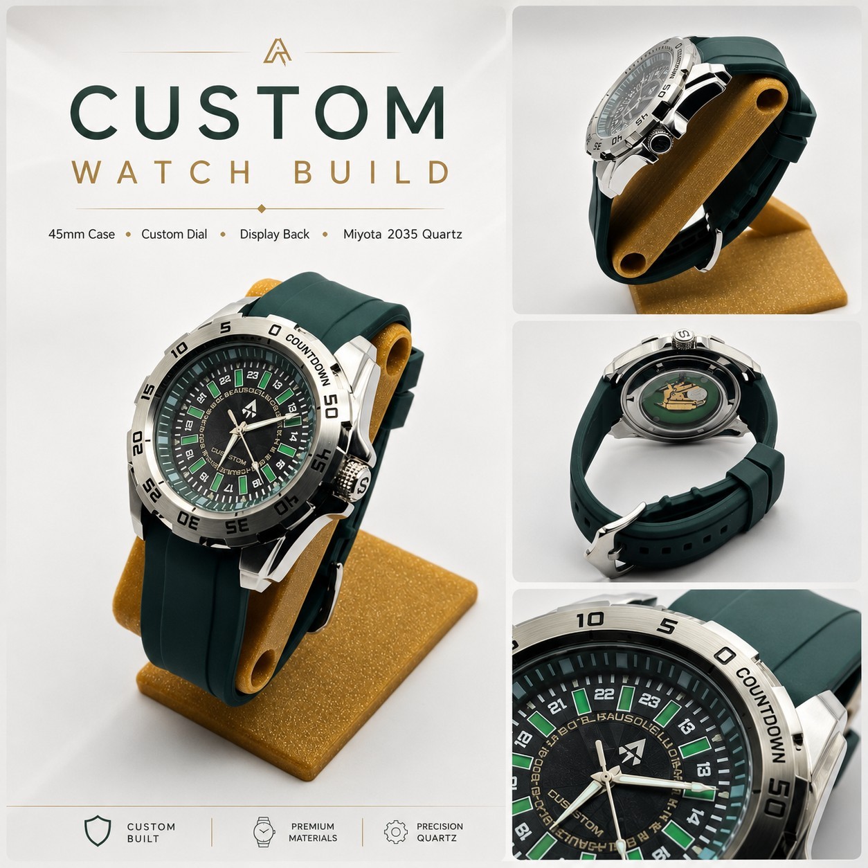 Watch ⌚ 44mm Rotatory Bezel Black And Green Dial, Rubber Strap #AAL-285-BK-55-02