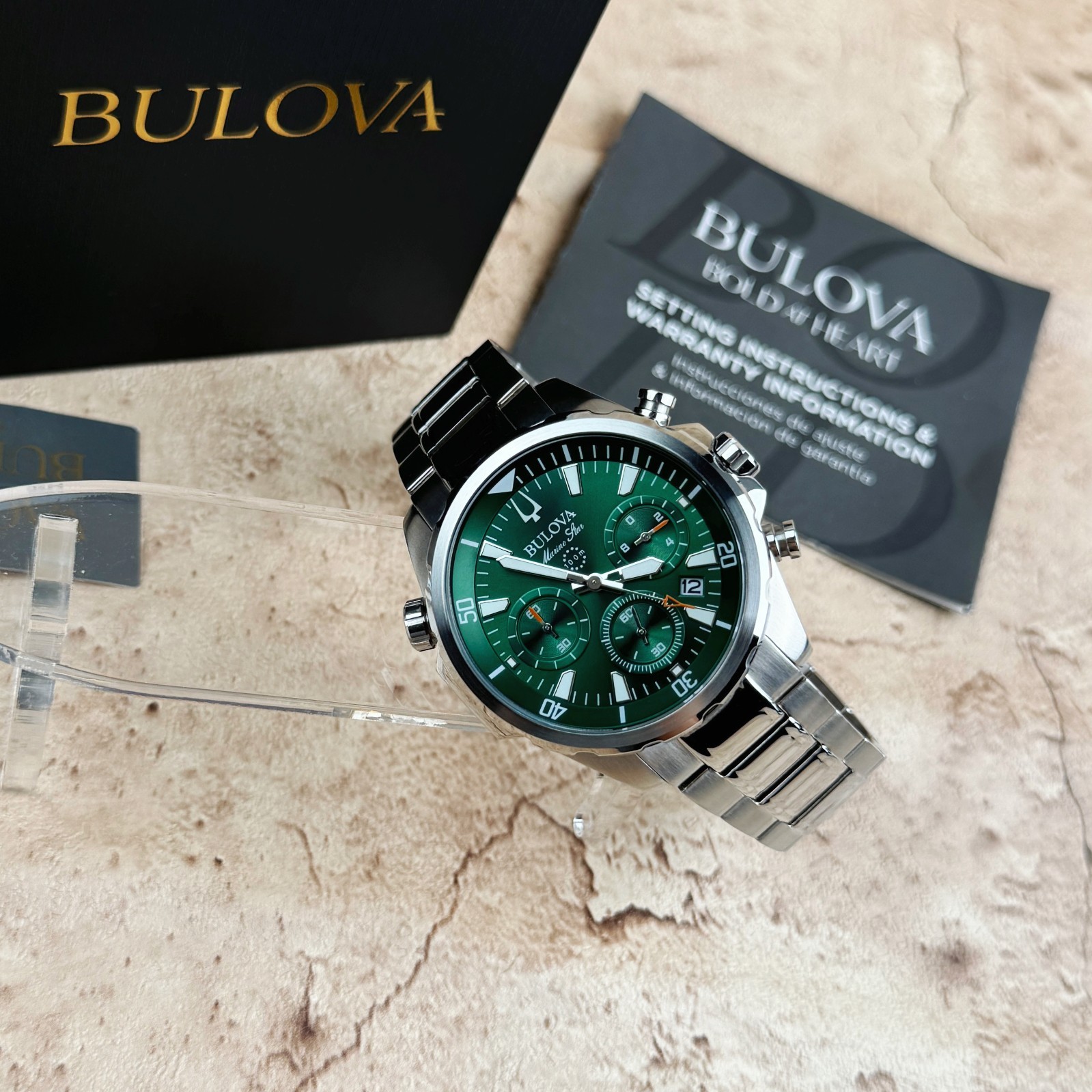 New Bulova Marine Star Classic Green Dial Chronograph Men’s Quartz Watch 96B396