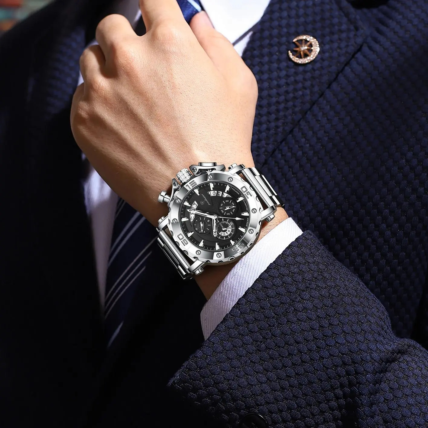 POEDAGAR Men Calendar Luminous Waterproof Stainless Steel Fashion Quartz Watch