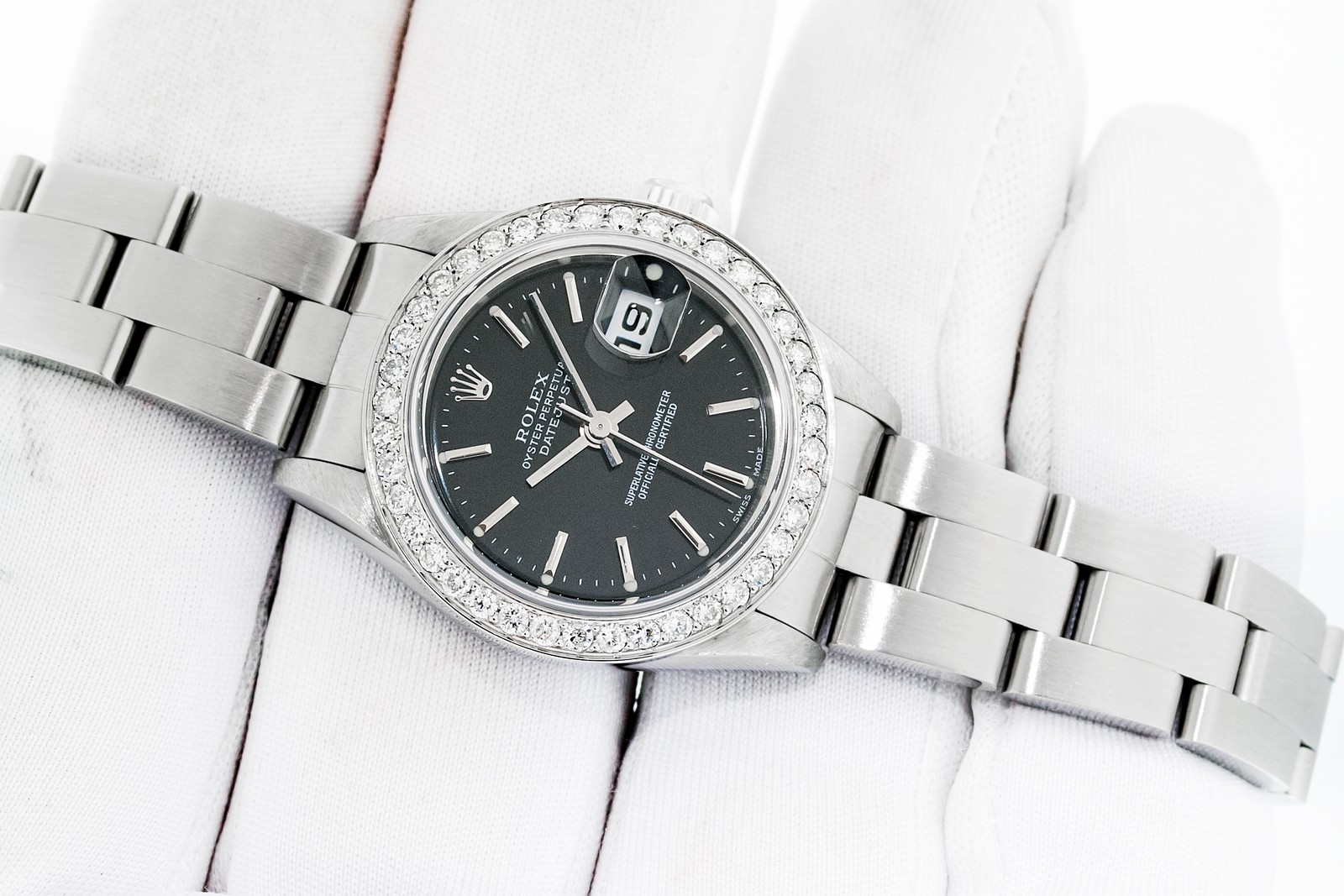 LADIES ROLEX DATEJUST QS STAINLESS STEEL – BLACK INDEX DIAL DIAMOND BEZEL WATCH