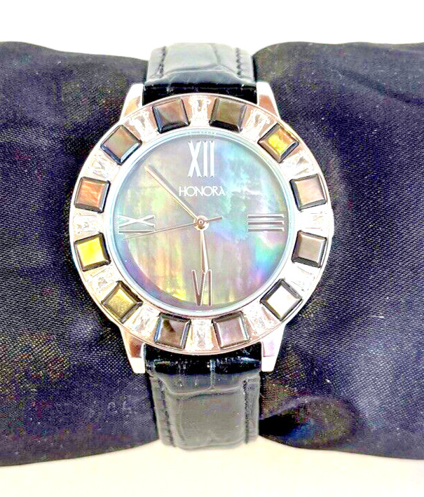 Honora Ladies Watch Mother of Pearl White Topaz Croc Embossed Leather Band NEW