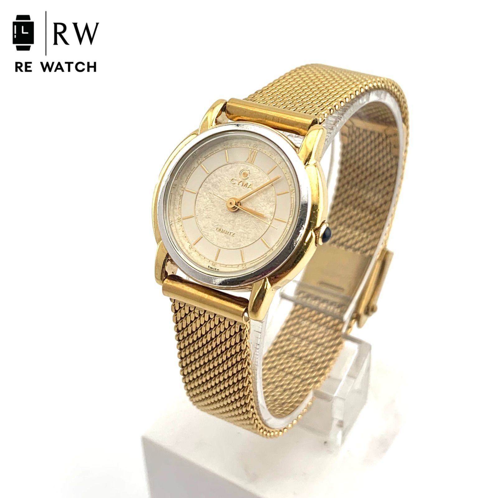 CYMA Quartz Watch Gold Mesh Band UsedSwiss Made 25mm Diameter