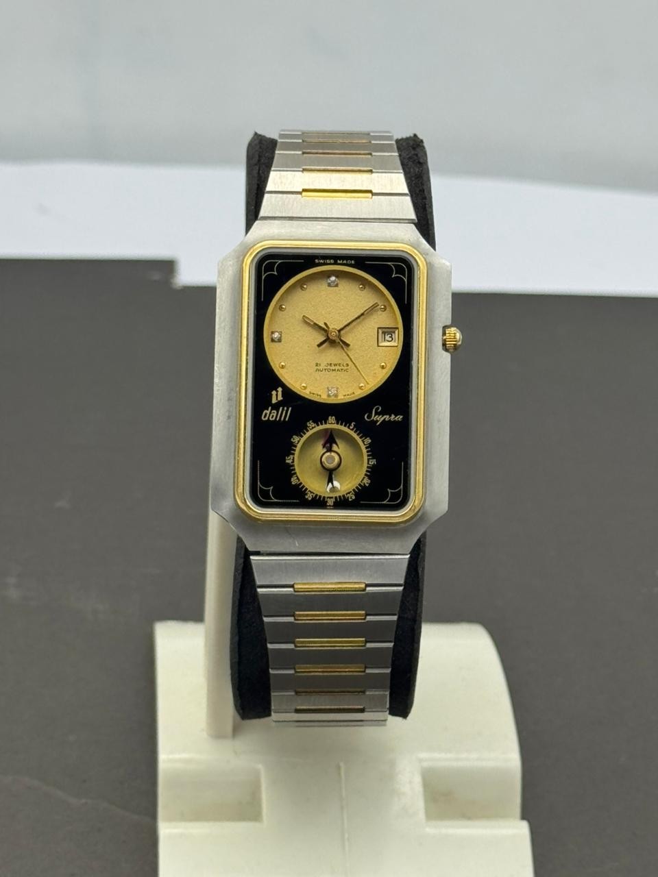 Vintage Dalil Supra Automatic Black Islamic Qibla Compass Tank Watch Swiss.
