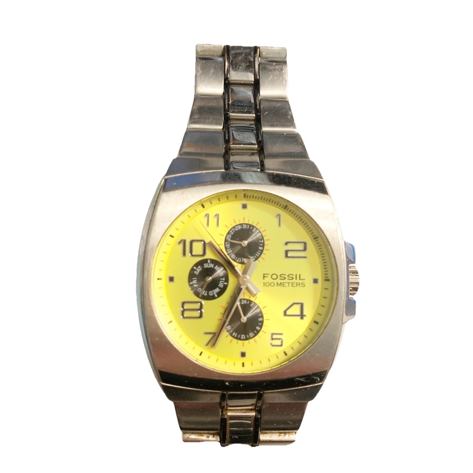 Fossil Blue Chronograph Watch Rare Yellow Face BQ9251 Needs New Battery