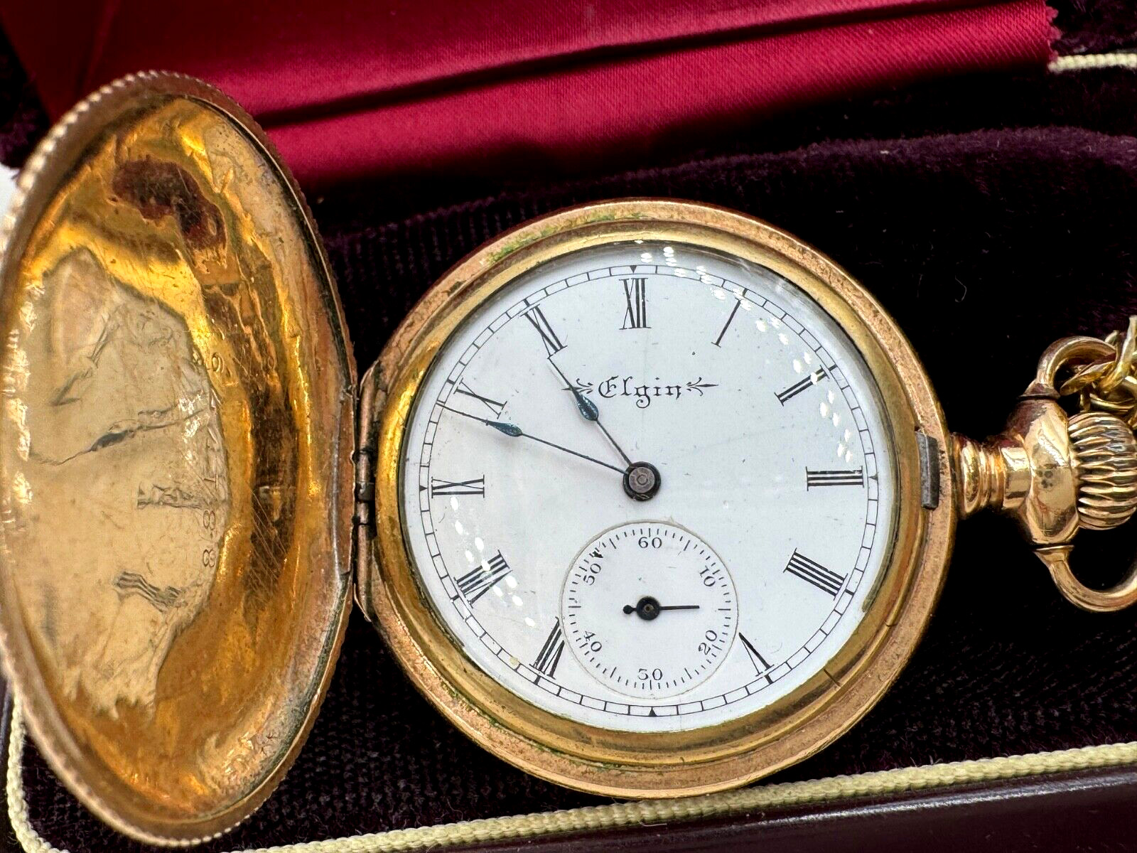 ELGIN POCKET WATCH ROLLED YELLOW GOLD HUNTER CASE ANTIQUE THICK CHAIN WORKING 19