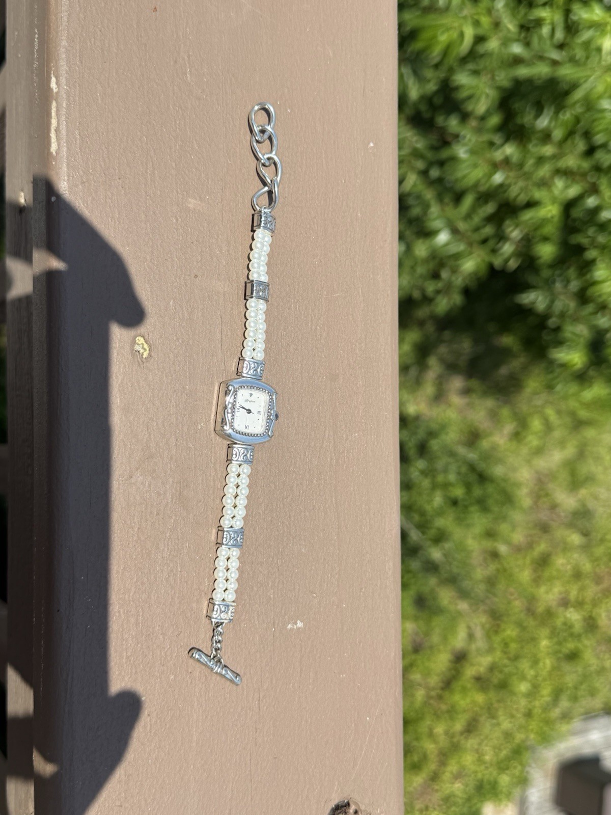 Brighton Women’s Square Analog Quartz Watch White Beaded Bracelet Toggle
