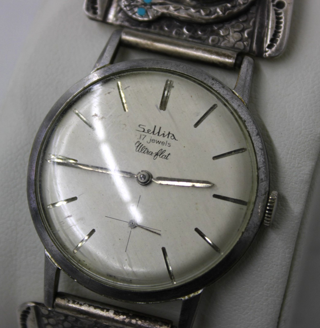 Vtg R. Nieto Zuni Sterling Turquoise Snakes Sellita 17 Jewel Mechanical Watch